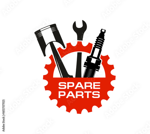 Car auto spare parts icon for automobile mechanic service station or store, vector sign. Car spare parts symbol of engine piston, spanner wrench and spark plug for automotive workshop and auto service
