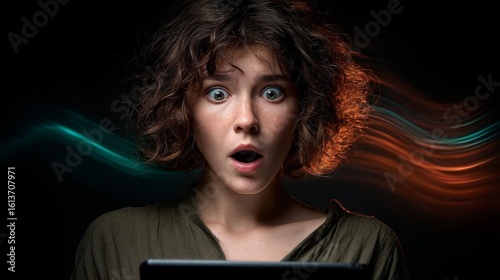 A woman with curly brown hair and blue eyes gazes at a tablet screen with a shocked expression,