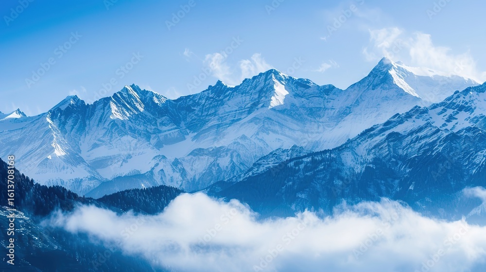 Obraz premium Scenery of the Blue Snow Mountain Range,panoramic view of the Alps—Towering Peaks in Azure Tones, Snow-Capped Summits & Vast Landscapes, Nature’s Breathtaking Alpine Canvas.