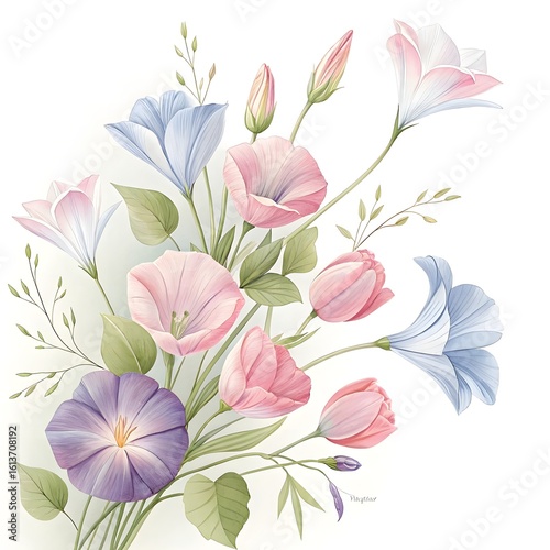 Soft pastel bouquet of tulips and morning glories in a white vase