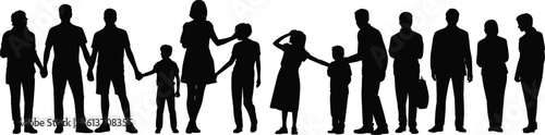 family silhouettes, group of people, adult child interaction, parenting scene, community silhouettes, generational connection, group unity, people standing, social bonding, human relationship graphic