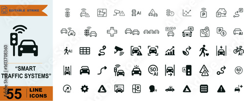Smart Traffic Systems Icon Set – 55 Line Symbols for Intelligent Transport, Road Safety, and Urban Mobility