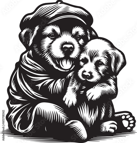 Heartwarming illustration of a senior man holding a cute puppy with love and companionship