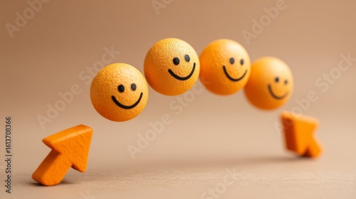 Four vibrant orange spheres with black smiley faces are arranged in an arc,