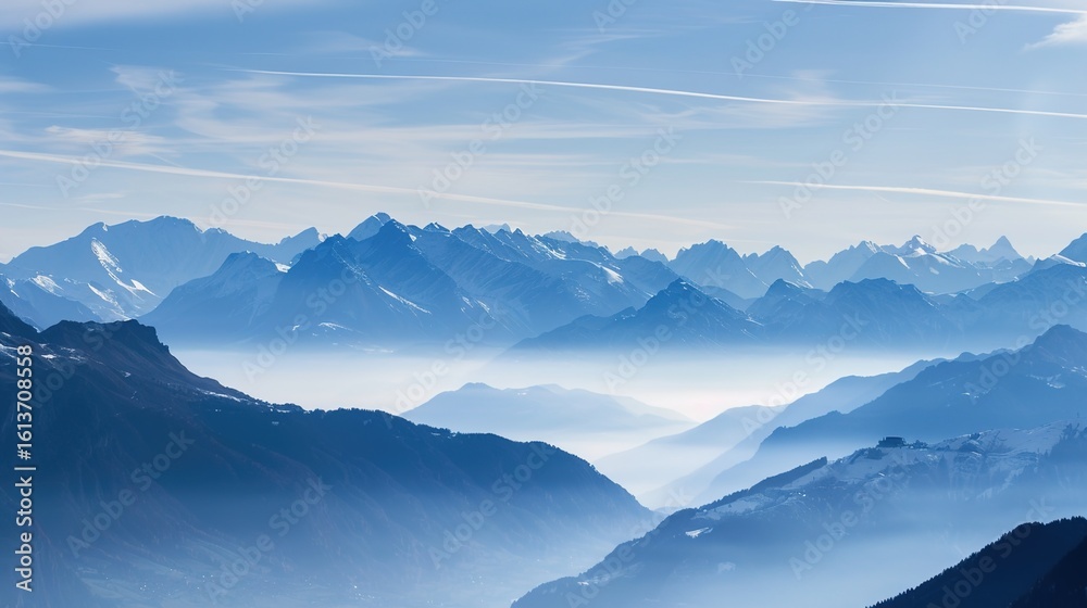 Obraz premium Scenery of the Blue Snow Mountain Range,panoramic view of the Alps—Towering Peaks in Azure Tones, Snow-Capped Summits & Vast Landscapes, Nature’s Breathtaking Alpine Canvas.