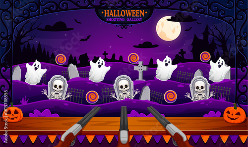 Halloween cemetery carnival shoot game, shooting range in amusement park. Cartoon vector entertainment booth with shotguns, haunted graveyard, spooky ghosts, skeletons and tombstones targets at night