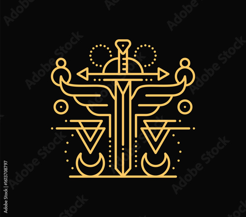 Esoteric line symbol for magic Tarot cards and mystic Boho tattoo, vector occult sign. Esoteric symbol of magic sword with celestial planets constellation and crescent moon signs for occult witchcraft