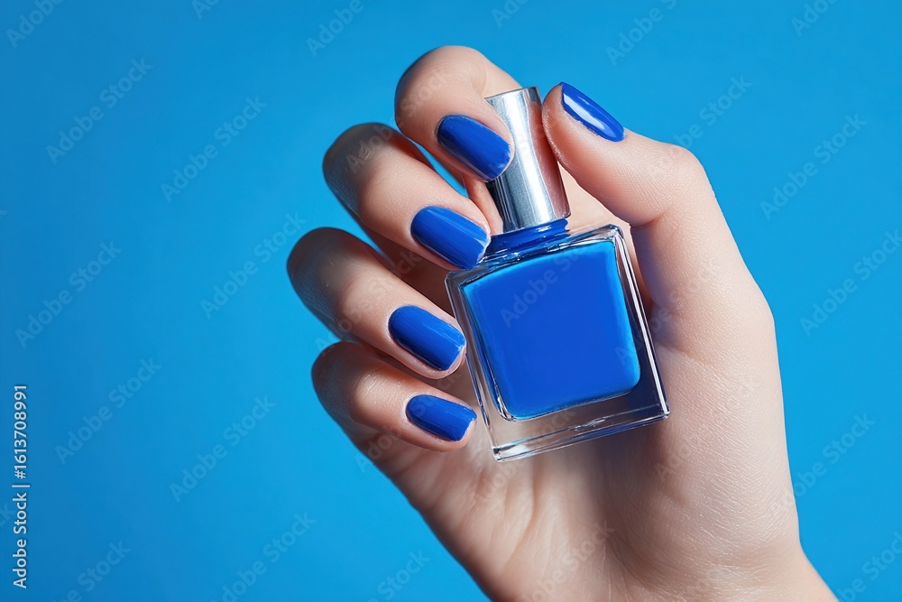 Fototapeta premium Female hand with glossy cobalt blue manicure holding square nail polish bottle, vibrant blue background, bold beauty and cosmetics concept for fashion, product advertising, and branding visuals 