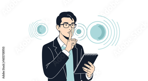 Focused businessman holding clipboard and gesturing shushing signal while receiving information through invisible sound waves representing business concepts