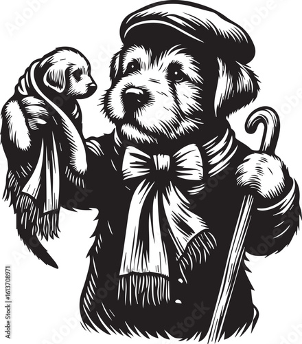 Heartwarming illustration of a senior man holding a cute puppy with love and companionship
