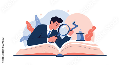 Legal research discovery and case analysis with magnifying glass and gavel on open book illustrating justice