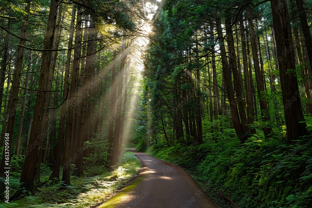 Obraz premium Sunlit Forest Path: Serene Morning Light Streaming Through Tall Trees, Lush Greenery, Winding Road