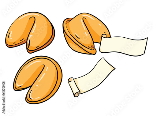 Fortune cookies card featuring closed Chinese shortbread with blank paper for messages. Pastel purple background with stars and abstract shapes. Vector luck symbol.