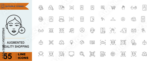 Augmented Reality Shopping Icon Set – 55 Line Symbols for Virtual Try-On, Smart Retail, and Immersive E-Commerce