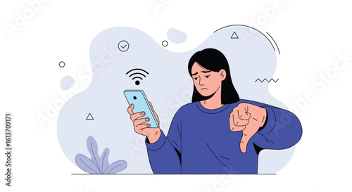 Woman frustrated by poor mobile phone network signal showing thumbs down with wi-fi symbol overhead