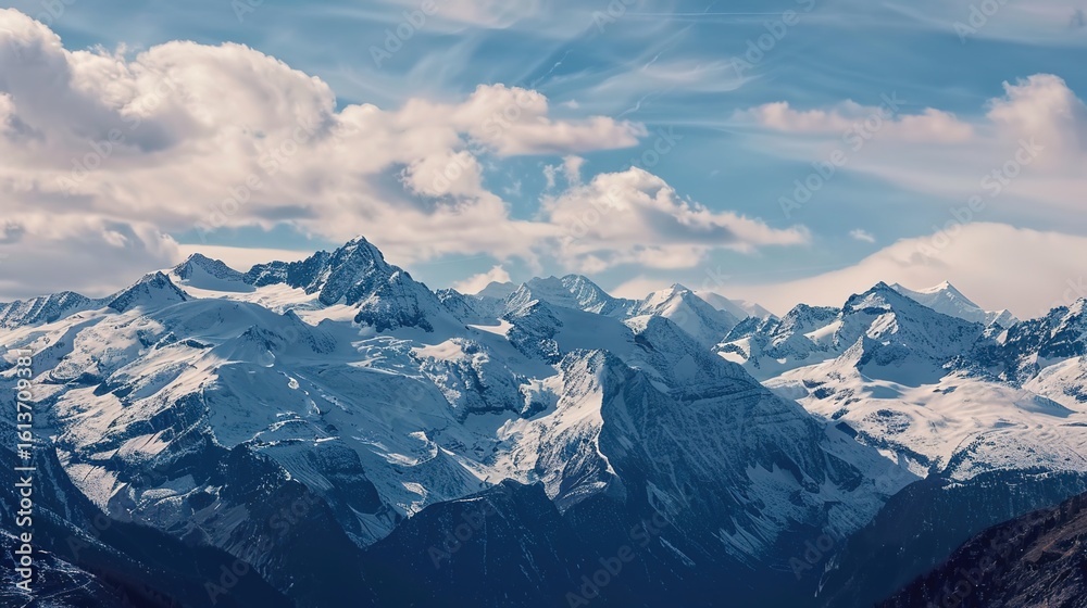 Obraz premium Scenery of the Blue Snow Mountain Range,panoramic view of the Alps—Towering Peaks in Azure Tones, Snow-Capped Summits & Vast Landscapes, Nature’s Breathtaking Alpine Canvas.