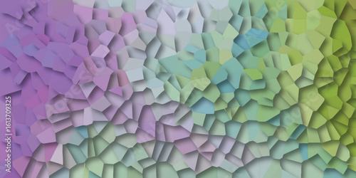 Abstract mosaic with textured geometric shapes featuring a spectrum of soft pastel colors blending from purple to green, creating an artistic design.