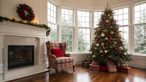 American Holiday Interior with Red and Gold Tree Decor