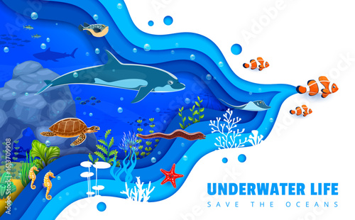 Paper cut cartoon sea underwater landscape with funny dolphin, turtle and ocean animals, vector banner. Coral reef fishes, seahorses and starfish with seaweeds in paper cut waves of sea landscape