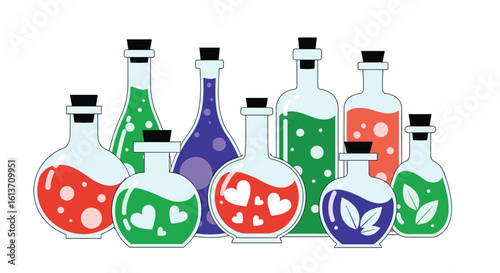 A collection of mystical elixir bottles filled with enchanting potions and magical brews for sorcery