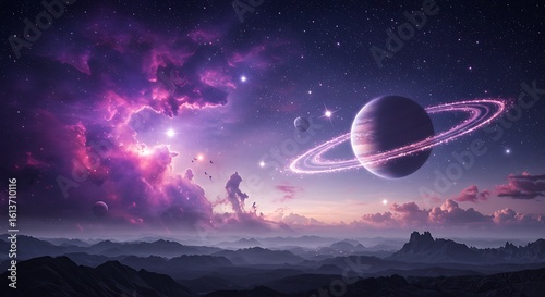 A majestic ringed planet and vibrant purple nebula illuminate the sky above a misty mountain landscape.