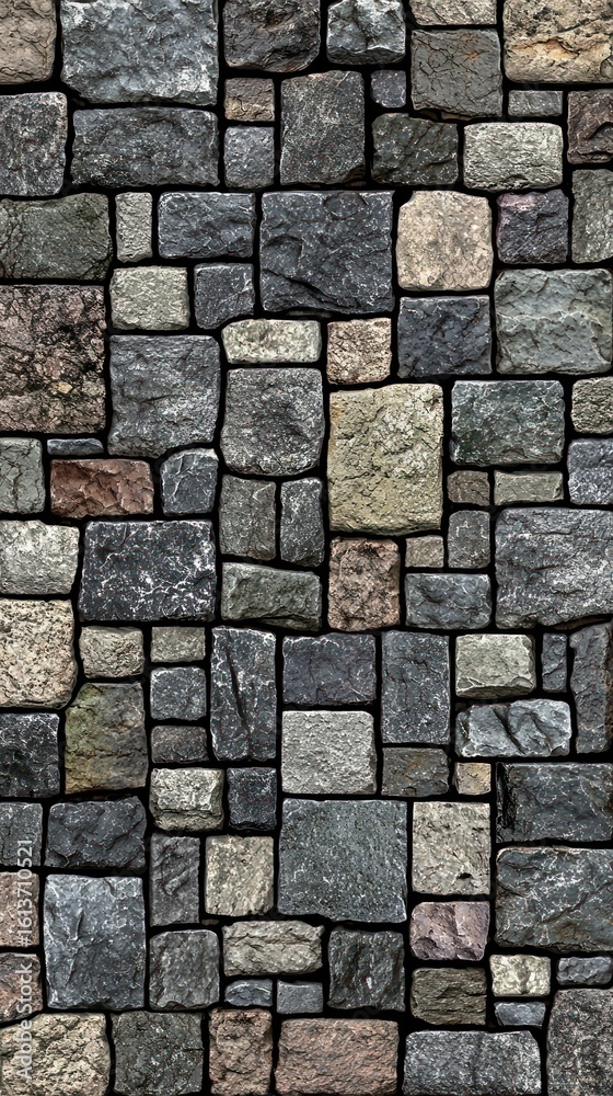 Fototapeta premium Stone wall gray, tan, and brown, irregularly shaped blocks, stacked tightly