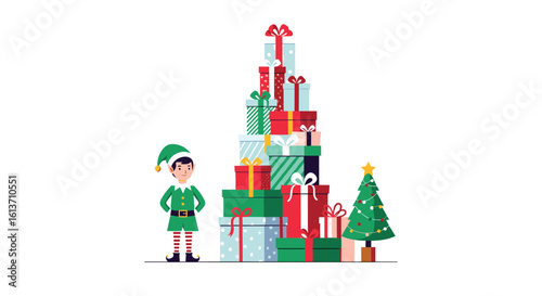 A cheerful elf stands beside a towering stack of beautifully wrapped christmas gifts and a festive decorated pine tree on a white background