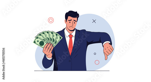 A disappointed businessman holding money with a thumbs down gesture symbolizing financial loss and economic downturn