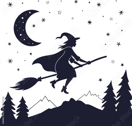 Winter sport vector illustration with people silhouettes on snowboard, ski, and a horse jumping against a moonlit sky