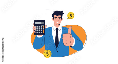 Professional accountant demonstrates financial success with calculator and thumbs up gesture