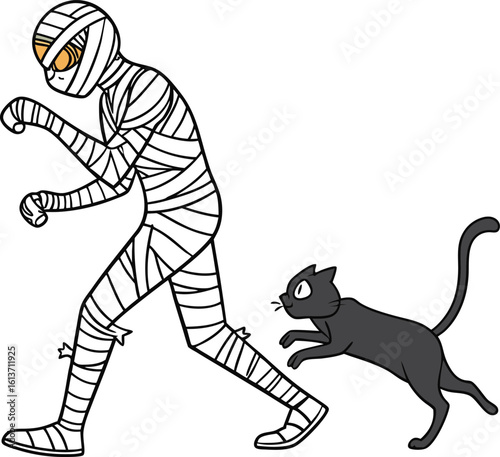 Here's one sentence describing the image:

Black and white cartoon illustration of a fun warrior cat hockey player with a puck, drawn in a vector comic art style
