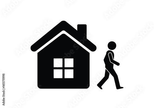 Vector art of person walking away from a house icon isolated on white