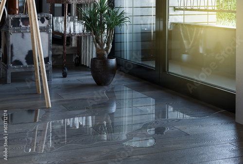 Fototapeta Water leaking on dark wooden floor