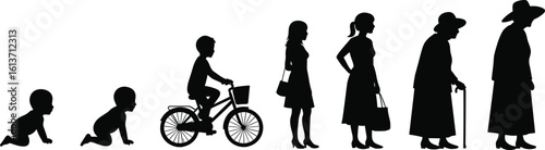 Wallpaper Mural Silhouette showing female life stages from baby to elderly woman, growth and aging concept, isolated on white background, black shadow Torontodigital.ca