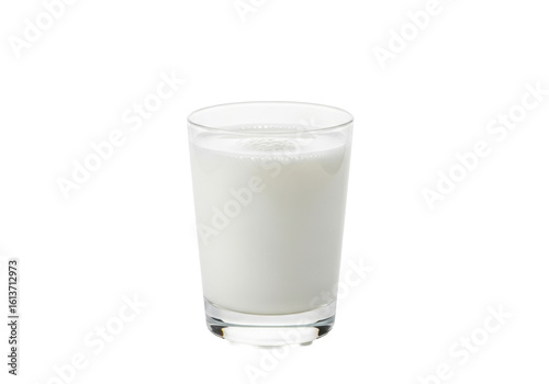 Pristine, perfectly transparent clear glass precisely filled with pure, opaque white milk and a delicate layer of small bubbles on surface, isolated on an immaculate white studio background with copy