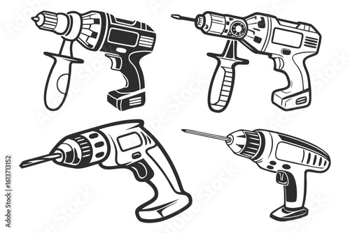 Collection of Four Black and White Cordless Drills.