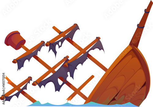 Pirate treasure island constructor of sunken ship of corsair sailboat, cartoon vector. Kids game constructor element of pirate Caribbean adventure, boat or corsair shipwreck sunken in sea or ocean