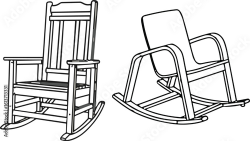 Detailed vector illustration of classic and modern rocking chairs, furniture design, interior elements, vintage wood and contemporary metal styles