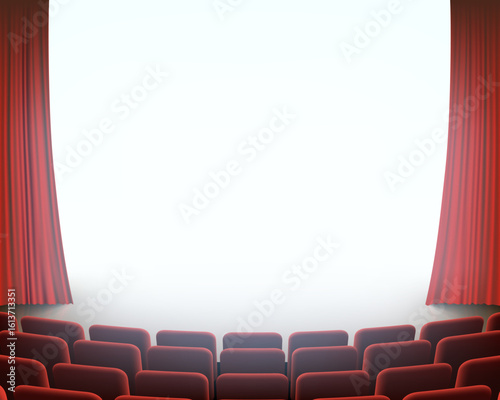 Performance theater, cinema or circus stage with red curtain and chairs illuminated with light. Vector illustration