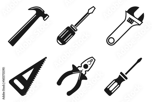 Collection of Six Black and White Hand Tools Icons.