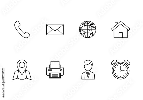 Vector art of set of eight modern outline icons for business and communication