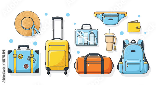 Collection of travel accessories for a vacation or trip