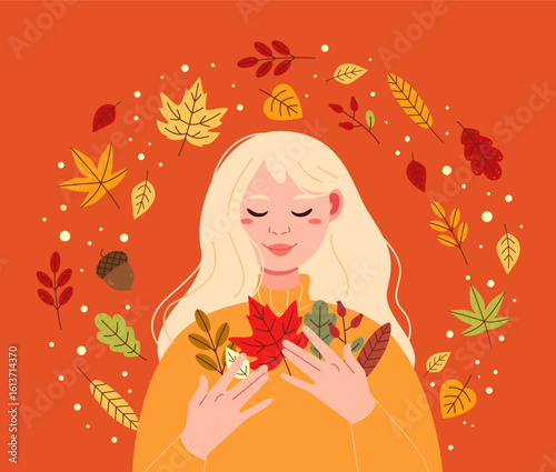 A beautiful woman with an autumn bouquet. Autumn vertical postcard. Hand-drawn style.
