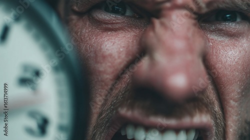 A close-up of a tense face with clenched teeth and flushed skin, showing anger or pressure,