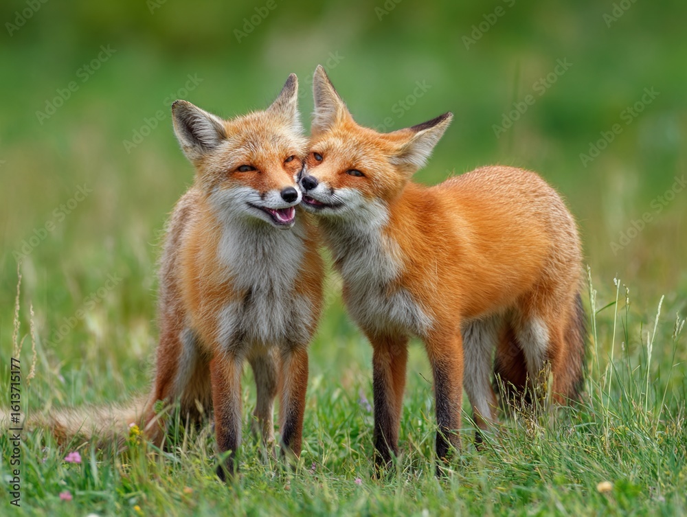 Fototapeta premium Two red foxes interacting affectionately on grassy meadow, wildlife behavior, vibrant fur colors, natural outdoor setting, ideal for nature and animal photography use 