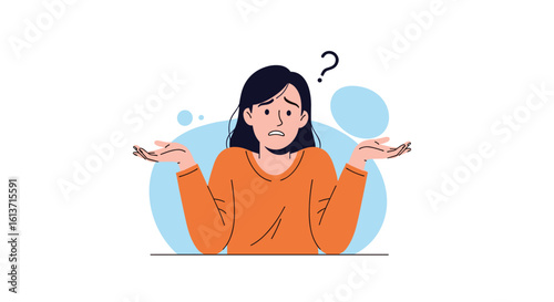 Young woman confused and uncertain with raised hands in a gesture of not knowing what to do next surrounded by abstract shapes and a question mark indicating doubt and indecision