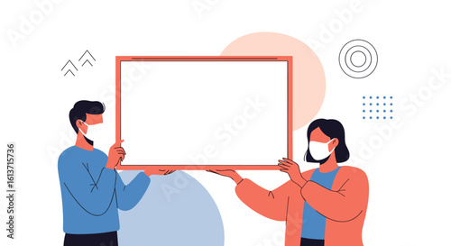 Two people wearing face masks hold up a blank whiteboard for announcements or information sharing