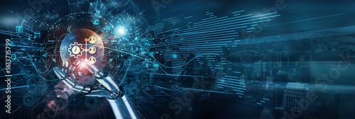 Hand of robot touch on ERP system integration network, inventory finance modules workflow automation reporting planning optimization process data control compliance management.