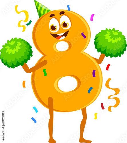 Birthday holiday celebration, cartoon eight math number and digit character. Cartoon vector 8 personage wearing festive hat, happily dancing with pompoms in hands, exuding fun under falling confetti