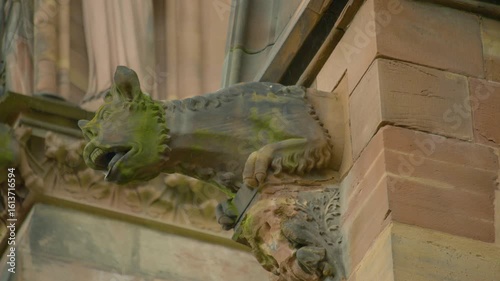 Stone gargoyle on historic building facade. Close-up of a carved stone gargoyle with an open mouth, mounted on a historic building facade with ornate tracery and weathered sandstone blocks.